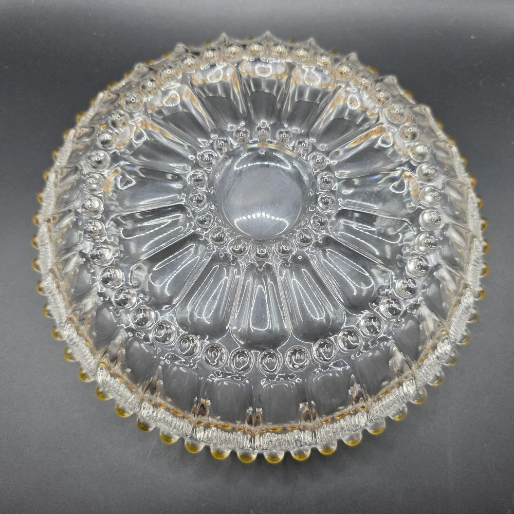 Vintage Pressed Glass Bowl Scalloped Edge Amber Bead Trim Clear Centerpiece 8.5
